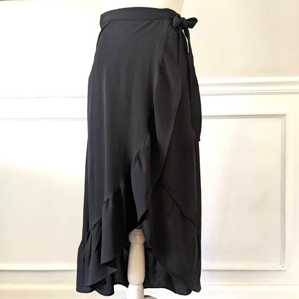 H&M black ruffle wrap midi high low skirt